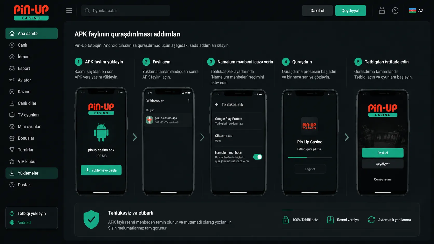 APK faylının quraşdırılması addımları Pin Up app