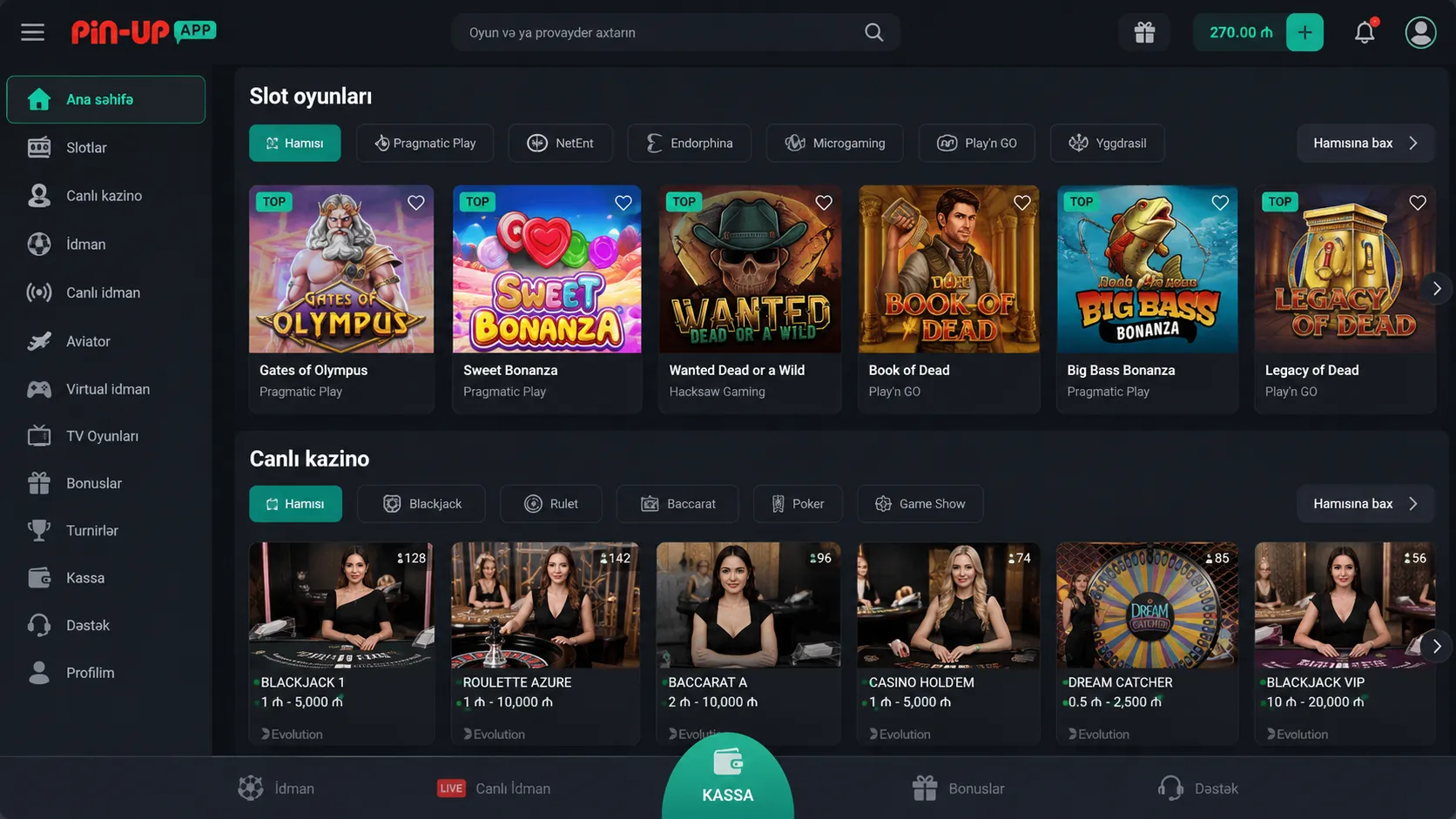 Slot oyunları və live kazino Pin Up app